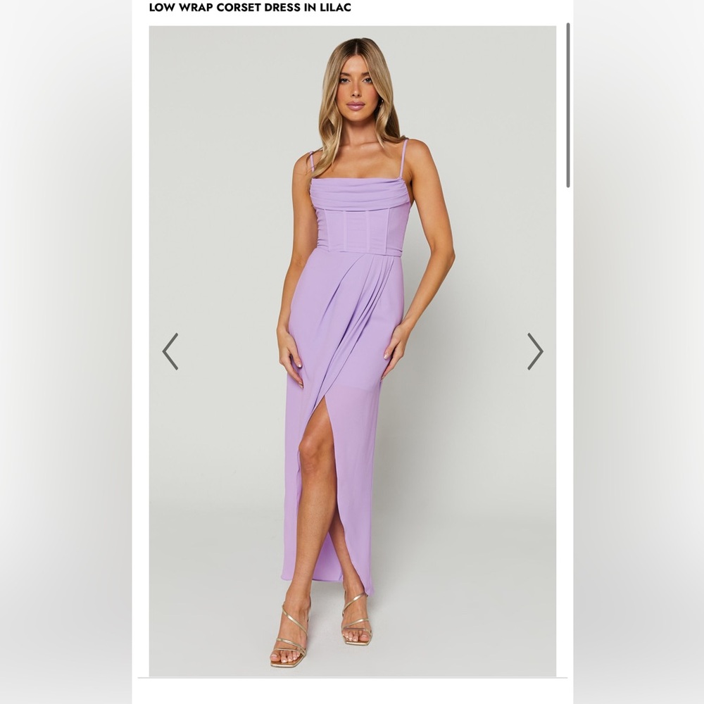 Showpo ANDRINA MIDI DRESS - HIGH LOW WRAP CORSET DRESS IN LILAC